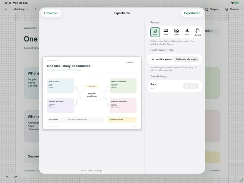GoatDraw on iPad – Export: Diagramme als PDF, PNG, SVG und mehr weitergeben – mit Vorschau jeder Seite.