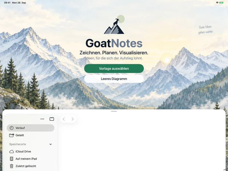 GoatDraw on iPad – Deine Dokumente: Leer oder mit einer Vorlage beginnen, direkt neben deinen Dateien.