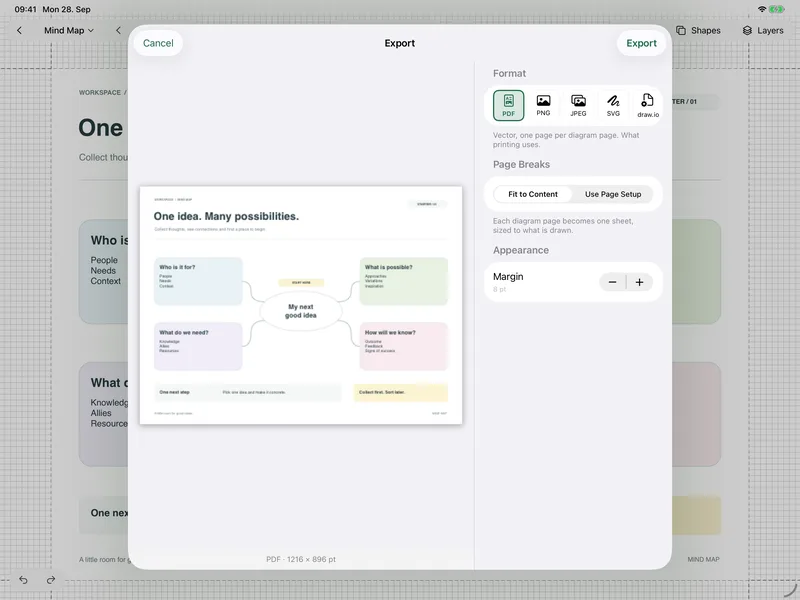 GoatDraw on iPad – Export: Share diagrams as PDF, PNG, SVG and more — with a preview of every page.