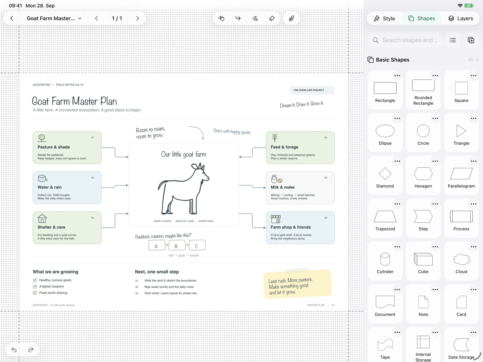GoatDraw on iPad: the Goat Farm Master Plan with the Basic Shapes library open on the right.