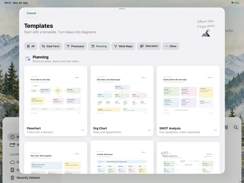 GoatDraw on iPad – Templates: Start with flowcharts, org charts and project templates.