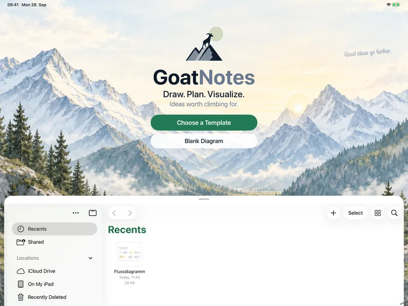 GoatDraw on iPad – Your documents: Start blank or from a template, right next to your files.